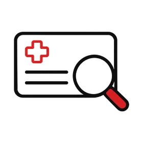 Illustration of a magnifying glass over a health insurance card, for searching the guides.